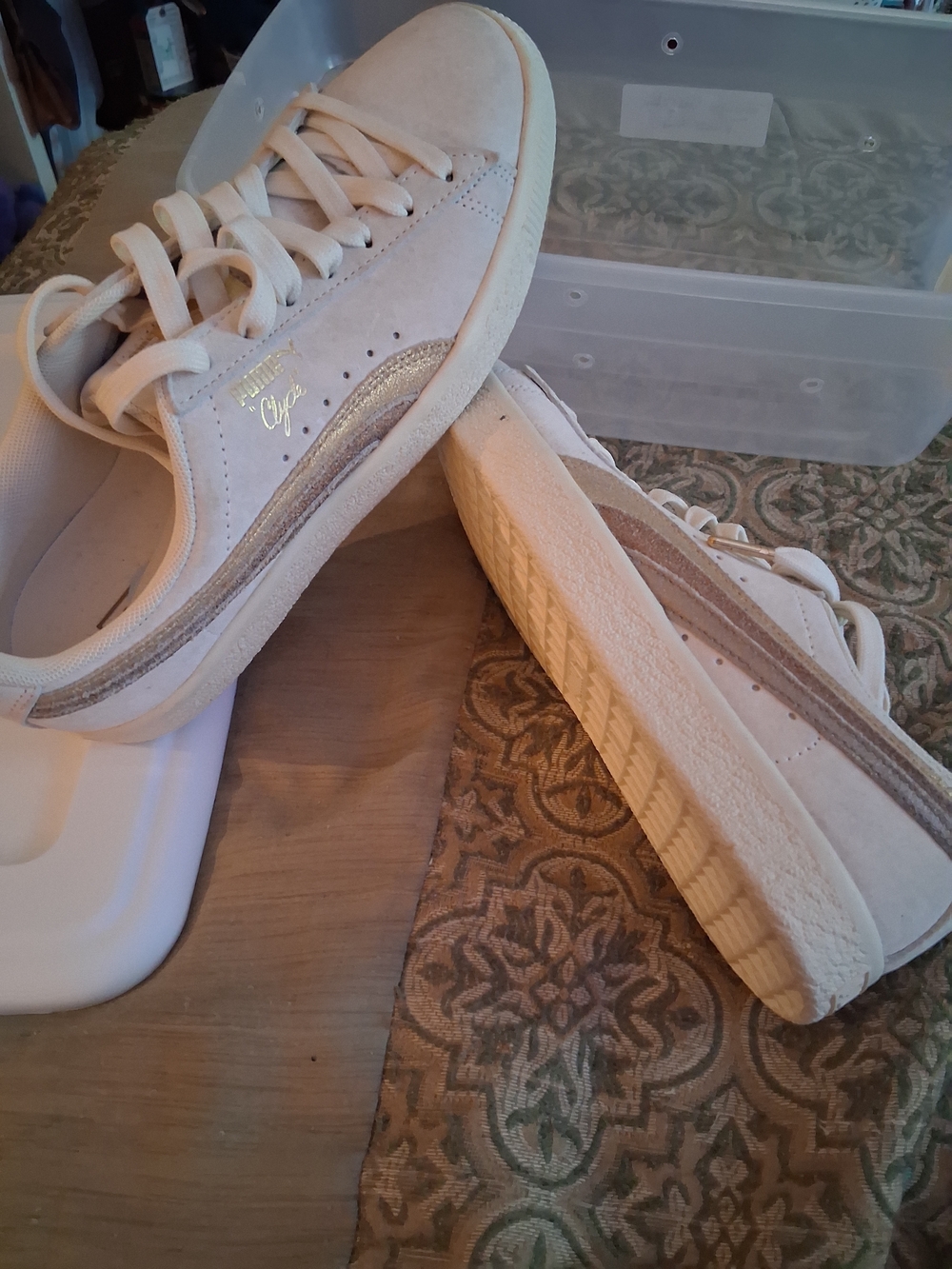 Puma Women's Suede Platform Sneakers in Light Beige with Gold Accent